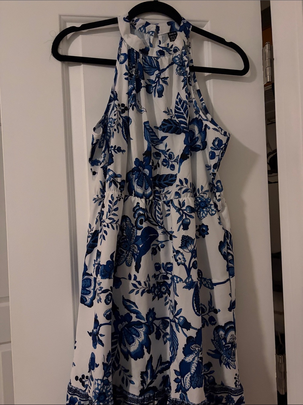 SHEIN White Halter Midi Dress with Blue Floral Print